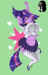 Size: 1035x1600 | Tagged: suggestive, artist:kingjnar, derpibooru import, twilight sparkle, anthro, unicorn, belly button, big breasts, breasts, busty twilight sparkle, clothes, cute, female, huge breasts, mary janes, midriff, miniskirt, moe, one eye closed, pleated skirt, shirt, shoes, short shirt, skirt, skirt lift, solo, solo female, stockings, thigh highs, thighs, wink, zettai ryouiki