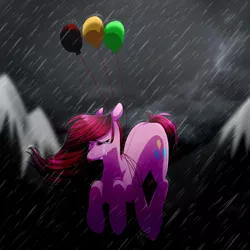 Size: 3000x3000 | Tagged: safe, artist:amai-aji, derpibooru import, pinkie pie, earth pony, pony, balloon, crying, female, floating, mare, pinkamena diane pie, rain, sad, solo, then watch her balloons lift her up to the sky