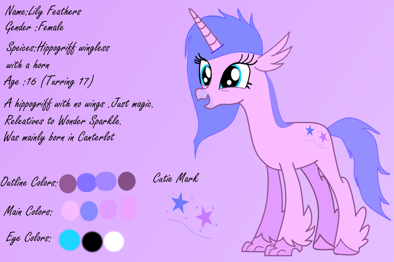 Size: 1500x1000 | Tagged: artist:wonderschwifty, cutie mark, derpibooru import, hippogriff, oc, oc:lily feathers, purple background, reference sheet, safe, simple background, unofficial characters only, wingless hippogriff