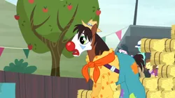 Size: 1366x768 | Tagged: safe, derpibooru import, screencap, trouble shoes, earth pony, pony, appleoosa's most wanted, apple tree, clothes, clown, clown nose, cute, hat, makeup, male, open mouth, rodeo, rodeo clown, stallion, tree, troublebetes, worried