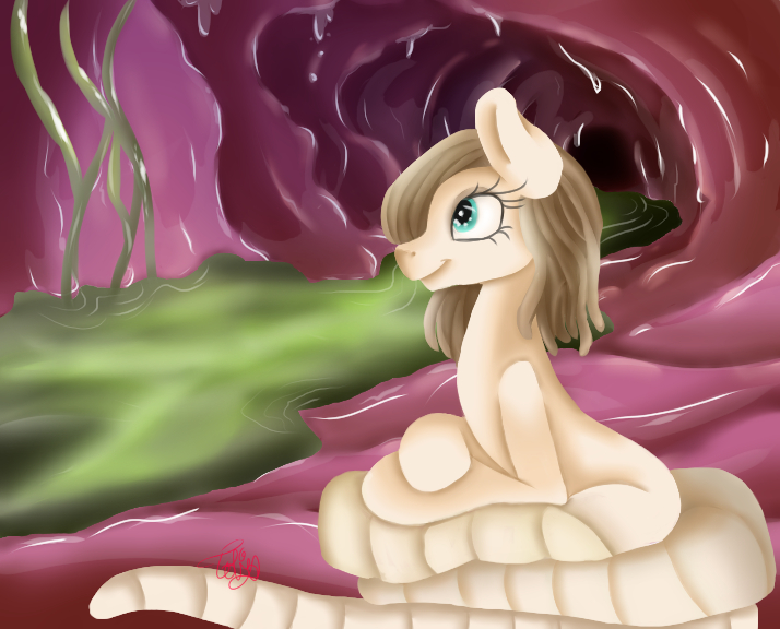 Size: 714x576 | Tagged: artist:droppopkandishop, bile, bowels, derpibooru import, female, internal, monster mare, oc, oc:grace, original species, parasite, slime, small intestine, solo, stomach, stomach acid, suggestive, tapeworm, tapeworm pony, tendrils