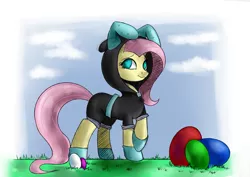 Size: 3541x2508 | Tagged: safe, artist:shadowreindeer, derpibooru import, fluttershy, pegasus, pony, bunny ears, clothes, costume, cute, dangerous mission outfit, easter egg, female, hoodie, looking at you, mare, solo