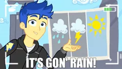 Size: 1536x864 | Tagged: safe, derpibooru import, edit, edited screencap, screencap, flash sentry, best trends forever, equestria girls, equestria girls series, camera, family guy, ollie williams, rain, recording, reference, weather