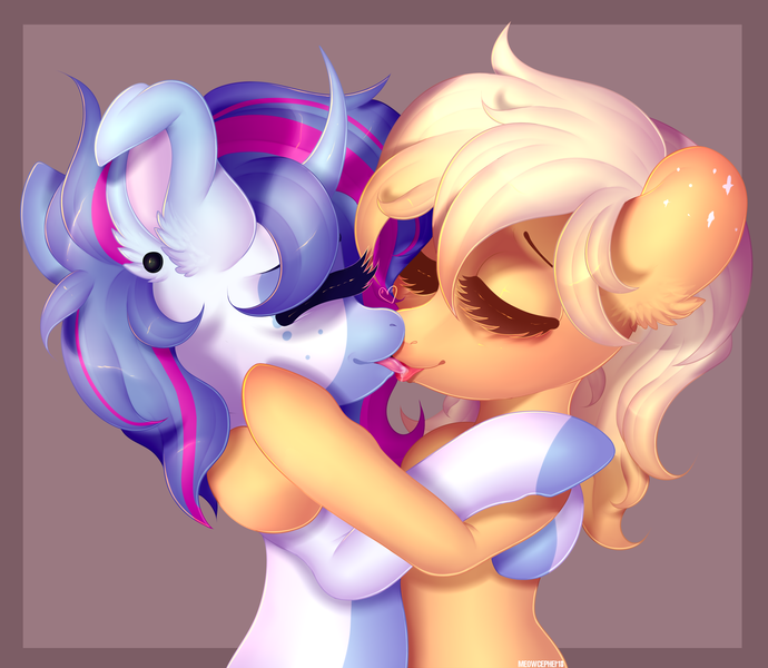 Size: 3000x2610 | Tagged: artist:meowcephei, derpibooru import, female, females only, french kiss, kissing, lesbian, oc, oc:aqua jewel, oc:sparkly peach, suggestive, unofficial characters only, ych result