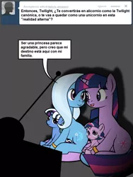 Size: 600x800 | Tagged: safe, artist:dekomaru, derpibooru import, trixie, twilight sparkle, oc, oc:aurora, oc:nebula, pony, unicorn, tumblr:ask twixie, ask, baby, baby pony, colt, female, filly, lesbian, magical lesbian spawn, male, offspring, parent:trixie, parent:twilight sparkle, parents:twixie, shipping, spanish, translation, tumblr, twixie