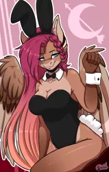 Size: 1400x2200 | Tagged: anthro, anthro oc, artist:pinktabico, breasts, bunny ears, bunny suit, clothes, commission, cuffs (clothes), derpibooru import, female, mare, oc, oc:cameron howe, pegasus, smiling, solo, solo female, suggestive, unofficial characters only