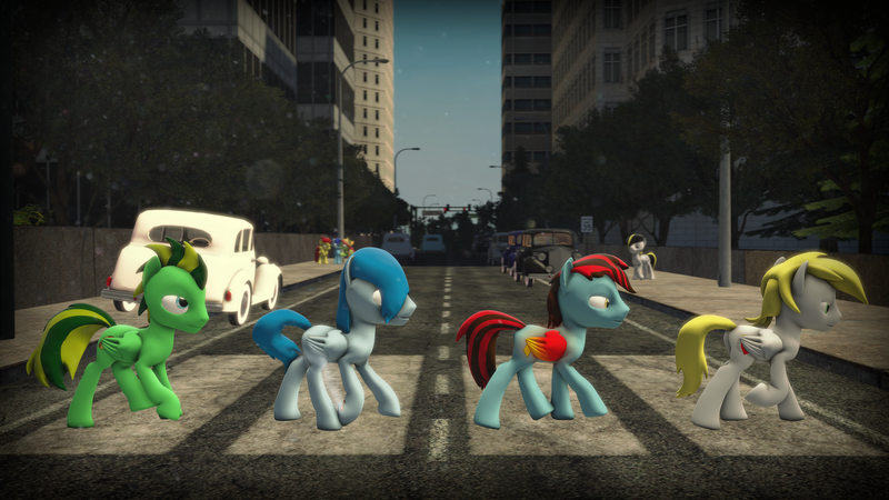 Size: 3840x2160 | Tagged: 3d, abbey road, alternate version, artist:fiopon, city, crosswalk, derpibooru import, minuette, oc, oc:angel rose, oc:cloudy breeze, oc:fiopon, oc:honeysuckle daydream, oc:shiver soft, oc:taco.m.tacoson, reference, safe, source filmmaker, tree hugger