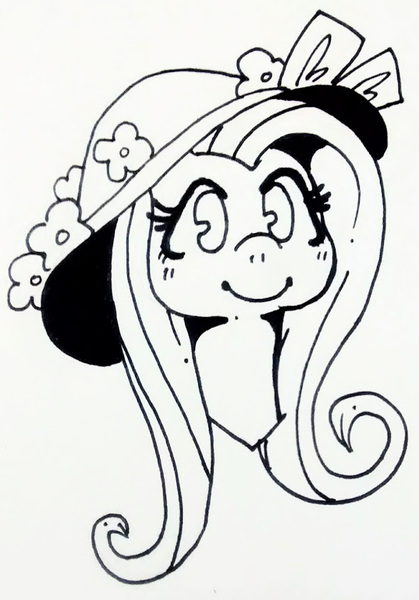 Size: 537x769 | Tagged: safe, artist:aa-ko-sama, derpibooru import, fluttershy, pegasus, pony, baby face, black and white, bust, chubby cheeks, female, flower hat, grayscale, hat, mare, monochrome, portrait, smiling, solo, traditional art