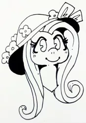 Size: 537x769 | Tagged: safe, artist:aa-ko-sama, derpibooru import, fluttershy, pegasus, pony, baby face, black and white, bust, chubby cheeks, female, flower hat, grayscale, hat, mare, monochrome, portrait, smiling, solo, traditional art