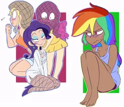 Size: 870x750 | Tagged: suggestive, artist:drawbauchery, derpibooru import, applejack, pinkie pie, rainbow dash, rarity, human, :t, barefoot, blushing, clothes, feet, female, fishnets, humanized, images in description, lesbian, lidded eyes, mask, pantyhose, raridash, rarijack, raripie, shipping, smiling, stockings, sweat, thigh highs