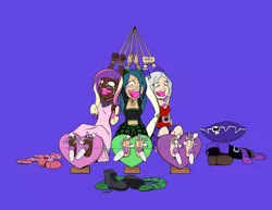 Size: 2200x1700 | Tagged: suggestive, artist:coffeeburger, artist:icey-wicey-1517, derpibooru import, princess cadance, queen chrysalis, human, armpits, arms in the air, barefoot, blushing, bondage, boots, bracelet, capcom, captain rose, clothes, collar, colored, crossover, crying, dark skin, dress, erotic tickling, feather, feet, female, females only, femsub, fetish, foot fetish, gloves, hat, hitachi wand, humanized, jewelry, laughing, necklace, open mouth, pirate, pirate hat, plaid, plaid skirt, purple background, rope, rope bondage, sex toy, shoes, simple background, skirt, socks, stockings, stocks, striped socks, submissive, tanktop, tears of laughter, thigh highs, tickle fetish, tickle torture, tickling, toe tied, toes, torn clothes, vibrator, white background, zack & wiki: quest for barbaros' treasure