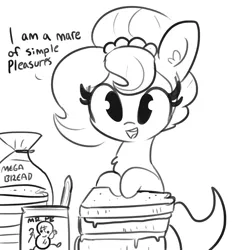 Size: 3000x3000 | Tagged: safe, artist:tjpones, derpibooru import, oc, oc:brownie bun, unofficial characters only, earth pony, pony, horse wife, :d, black and white, bread, chest fluff, cute, dialogue, ear fluff, female, food, grayscale, lineart, looking at you, mare, monochrome, open mouth, peanut butter, sandwich, simple background, smiling, solo, white background