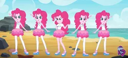 Size: 2304x1053 | Tagged: safe, derpibooru import, pinkie pie, equestria girls, equestria girls series, beach, eqg promo pose set, equestria girls logo, fashion photo booth, geode of sugar bombs, multeity, my little pony logo, one of these things is not like the others, too much pink energy is dangerous