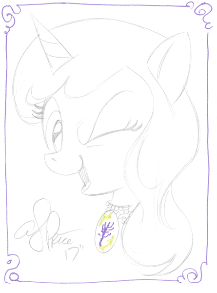 Size: 2511x3382 | Tagged: safe, artist:andypriceart, derpibooru import, oc, oc:blooming corals, pony, unicorn, blind, bust, collar, cutie mark dogtag, female, jewelry, lineart, mare, necklace, one eye closed, signature, solo, traditional art, wink