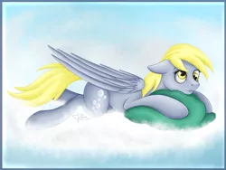 Size: 1600x1200 | Tagged: safe, artist:puggie, derpibooru import, derpy hooves, pegasus, pony, cloud, cross-eyed, female, mare, pillow, snuggling, solo, wings