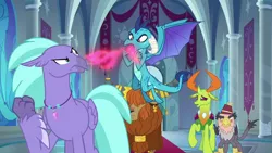 Size: 1280x720 | Tagged: safe, derpibooru import, screencap, grampa gruff, prince rutherford, princess ember, seaspray, thorax, changedling, changeling, dragon, gryphon, hippogriff, yak, school daze, angry, bickering, blind eye, canterlot castle, changeling king, dragonfire, ear piercing, earring, eye scar, fez, fire, fire breath, fist, flying, hat, horn ring, jewelry, king thorax, necklace, piercing, pink fire, raised claw, raised hoof, scar