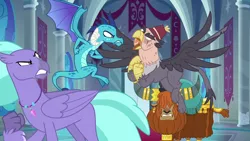 Size: 1280x720 | Tagged: safe, derpibooru import, screencap, grampa gruff, prince rutherford, princess ember, seaspray, dragon, gryphon, hippogriff, yak, school daze, angry, argument, bickering, blind eye, canterlot castle, ear piercing, earring, eye scar, faceoff, fez, flying, hat, horn ring, jewelry, necklace, piercing, raised claw, scar, spread wings, wings