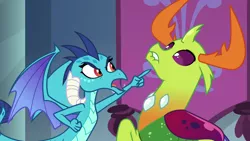 Size: 1280x720 | Tagged: accusation, changedling, changeling, changeling king, derpibooru import, dragon, duo, king thorax, lip bite, pointing, princess ember, safe, scared, school daze, screencap, suspect, thorax, threatening