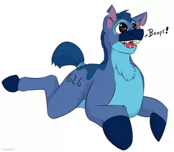 Size: 1250x1088 | Tagged: safe, artist:fuzzypones, derpibooru import, ponified, pony, blushing, chest fluff, colored, crossover, dialogue, lilo and stitch, male, prone, simple background, solo, stitch, text, white background