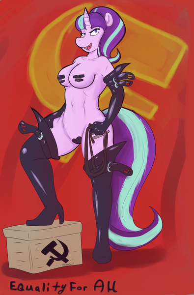 Size: 3877x5889 | Tagged: questionable, artist:radicalweegee, derpibooru import, starlight glimmer, anthro, plantigrade anthro, unicorn, april fools 2018, breasts, clothes, communism, cyrillic, dominatrix, equality, evening gloves, female, glimmerbooru, gloves, latex, latex boots, long gloves, nipple tape, nipples, nudity, pasties, smiling, solo, solo female, stalin glimmer, stardom glimmer