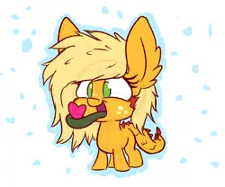 Size: 1200x1000 | Tagged: safe, artist:heir-of-rick, derpibooru import, applejack, monster pony, original species, pony, tatzlpony, chibi, cute, ear fluff, female, heart, impossibly large ears, jackabetes, long tongue, messy mane, prehensile tongue, simple background, smiling, solo, species swap, tatzljack, tongue hold, tongue out