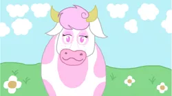 Size: 1161x651 | Tagged: artist:cherry1cupcake, cloud, cow, derpibooru import, flower, grass, happy, horns, non-pony oc, oc, safe, solo