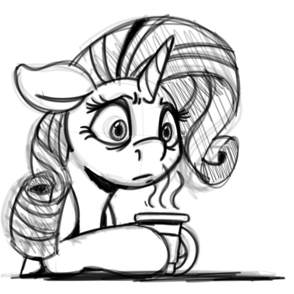 Size: 894x894 | Tagged: safe, artist:witchtaunter, derpibooru import, rarity, pony, unicorn, :/, blank stare, coffee cup, cup, female, floppy ears, holding, mare, monochrome, simple background, sitting, sketch, solo, thoughtful, white background