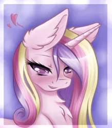 Size: 2894x3325 | Tagged: alicorn, artist:nuumia, bedroom eyes, blushing, bust, chest fluff, derpibooru import, ear fluff, female, heart, looking at you, mare, portrait, princess cadance, safe, solo