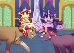 Size: 1063x762 | Tagged: safe, artist:miamaha, derpibooru import, sunset shimmer, twilight sparkle, twilight sparkle (alicorn), oc, oc:astral dusk, oc:nova spark, alicorn, pony, argument, female, looking at each other, magical lesbian spawn, offspring, parent:sunset shimmer, parent:tempest shadow, parent:twilight sparkle, parents:tempestlight, story in the source