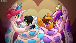 Size: 1246x714 | Tagged: safe, artist:snakeythingy, derpibooru import, princess amore, princess cadance, oc, oc:merc fox, oc:nightwish, lamia, original species, snake pony, birthday, blushing, canon x oc, coils, gift art, gradient background, hypnosis, lamiafied, looking at each other, species swap, story included