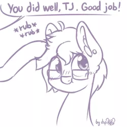 Size: 1024x1024 | Tagged: safe, artist:dsp2003, derpibooru import, oc, oc:tjpones, unofficial characters only, earth pony, pony, blushing, bust, colt, comic, cute, ear fluff, ear piercing, earring, glasses, head pat, jewelry, male, monochrome, ocbetes, offscreen character, pat, piercing, scrunchy face, signature, simple background, single panel, sketch, stallion, white background