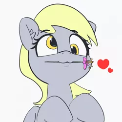 Size: 1280x1280 | Tagged: safe, artist:pabbley, derpibooru import, derpy hooves, pony, 30 minute art challenge, cute, derpabetes, flower, heart, mouth hold, solo