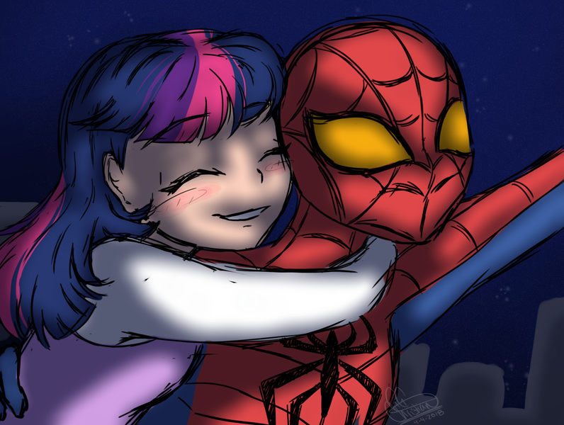 Size: 2538x1913 | Tagged: artist:ggchristian, crossover shipping, derpibooru import, female, human, humanized, male, safe, shipping, spider-man, spidertwi, straight, twilight sparkle