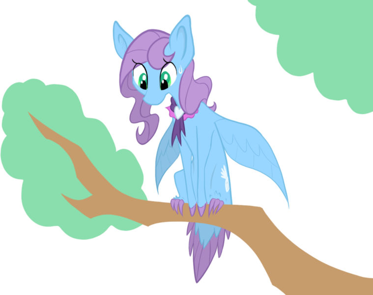 Size: 1023x809 | Tagged: safe, artist:agentkirin, derpibooru import, saddle rager, oc, oc:feather fluff, unofficial characters only, hippalectryon, pony, colored hooves, female, perching, power ponies, simple background, solo, sweat, sweatdrop, transparent background, tree, tree branch