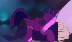 Size: 4011x2350 | Tagged: safe, artist:auroriia, derpibooru import, twilight sparkle, twilight sparkle (alicorn), alicorn, pony, book, book bed, cute, female, mare, sleeping, smiling, solo, that pony sure does love books, twiabetes