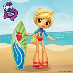 Size: 960x960 | Tagged: safe, derpibooru import, official, applejack, blue crushed, equestria girls, equestria girls series, clothes, doll, equestria girls logo, equestria girls minis, solo, surfboard, swimsuit, toy