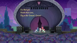 Size: 1024x569 | Tagged: safe, artist:didgereethebrony, derpibooru import, big macintosh, fluttershy, rarity, toe-tapper, torch song, earth pony, pegasus, pony, unicorn, abba, audience, crowd, curtains, dancing queen, female, male, mare, night, ponytones, ponytones outfit, singing, song reference, speakers, stage, stallion, stars, tree