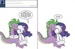 Size: 1204x800 | Tagged: safe, artist:dekomaru, derpibooru import, rarity, spike, dragon, pony, unicorn, tumblr:ask twixie, ask, blushing, comic, female, hug, male, shipping, sparity, straight, tumblr