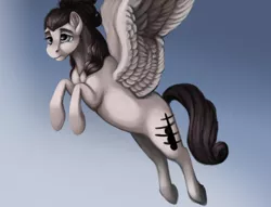 Size: 6600x5040 | Tagged: safe, artist:splatterpaint-donkey, derpibooru import, oc, oc:triad, unofficial characters only, pegasus, pony, absurd resolution, clef, cutie mark, eyebrows, female, flying, mare, sky, solo, spread wings, wings