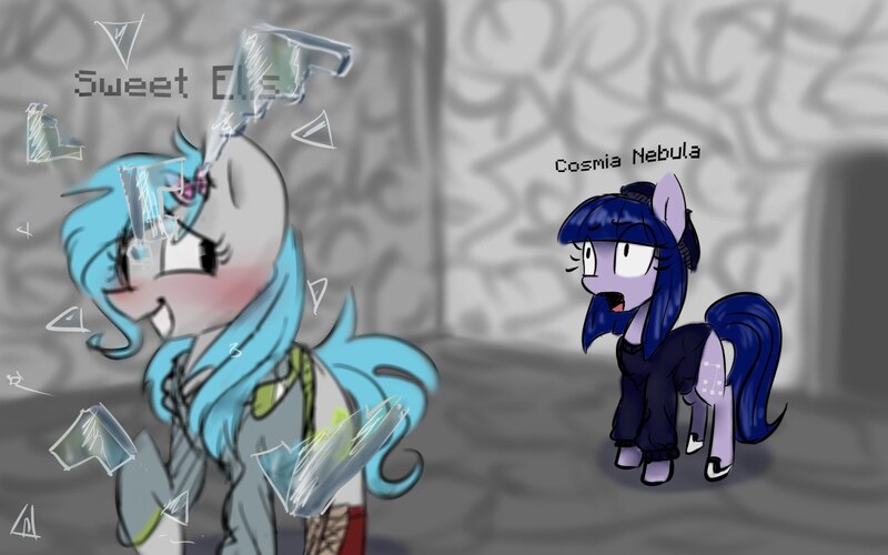 Size: 1280x800 | Tagged: safe, artist:elisdoominika, derpibooru import, oc, oc:cosmia nebula, oc:sweet elis, unofficial characters only, earth pony, pony, castle, clothes, glass, minecraft, shocked, vandalism