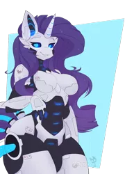Size: 1024x1328 | Tagged: anthro, artist:teranen, breasts, busty rarity, derpibooru import, female, horn, looking at you, raribot, rarity, robot, roboticization, robot pony, simple background, solo, solo female, suggestive, transparent background