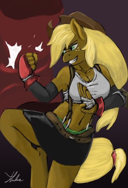 Size: 680x1000 | Tagged: anthro, applejack, artist:xenstroke, breasts, clothes, cosplay, costume, crossover, derpibooru import, fighting stance, final fantasy, final fantasy vii, safe, tifa lockhart