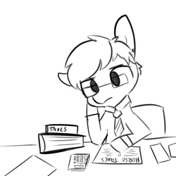 Size: 1650x1650 | Tagged: safe, artist:tjpones, derpibooru import, oc, oc:tjpones, unofficial characters only, earth pony, pony, calculator, clothes, ear piercing, earring, glasses, grayscale, horse taxes, jewelry, male, monochrome, necktie, piercing, simple background, sitting, solo, stallion, taxes, white background