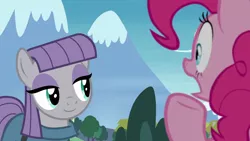 Size: 1920x1080 | Tagged: safe, derpibooru import, screencap, maud pie, pinkie pie, earth pony, pony, the maud couple, female, mare, pie sisters, siblings, sisters, smiling, when she smiles