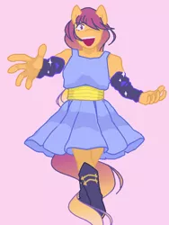 Size: 768x1024 | Tagged: anthro, artist:ghsjaaaaa, blue dress, clothes, comic:ponytale, derpibooru import, dress, female, hair over one eye, oc, oc:ponytale scootaloo, outertale, outertale scootaloo, outstretched arms, pink background, safe, scootaloo, simple background, smiling, solo, unofficial characters only