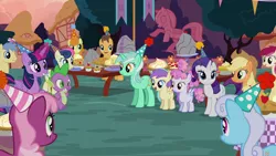 Size: 1920x1080 | Tagged: alicorn, alula, apple, applejack, cake, caramel, carrot top, cheerilee, cotton puff, cupcake, derpibooru import, food, goldengrape, golden harvest, hat, linky, lyra heartstrings, party, party hat, pies, rarity, rock, roseluck, safe, screencap, shoeshine, sir colton vines iii, spike, statue, table, the maud couple, tree, twilight sparkle, twilight sparkle (alicorn)