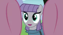 Size: 1920x1080 | Tagged: safe, derpibooru import, edit, edited screencap, screencap, maud pie, pinkie pie, earth pony, pony, the maud couple, first person view, hooves, inverted mouth, offscreen character, pov, smiling, when she smiles