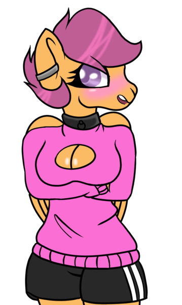 Size: 690x1154 | Tagged: anthro, artist:worst-waifu, blushing, breasts, busty scootaloo, choker, cleavage, clothes, comic:ponytale, derpibooru import, embarrassed, female, keyhole turtleneck, oc, oc:ponytale scootaloo, scootaloo, solo, solo female, suggestive, sweater, tsundere, turtleneck, unofficial characters only