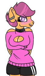 Size: 690x1154 | Tagged: anthro, artist:worst-waifu, blushing, breasts, busty scootaloo, choker, cleavage, clothes, comic:ponytale, derpibooru import, embarrassed, female, keyhole turtleneck, oc, oc:ponytale scootaloo, scootaloo, solo, solo female, suggestive, sweater, tsundere, turtleneck, unofficial characters only