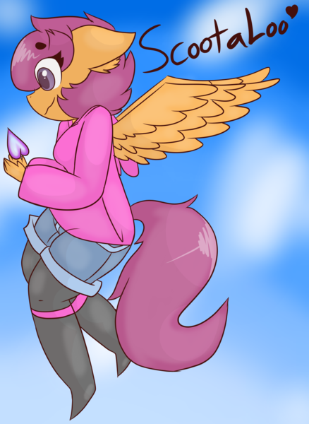 Size: 983x1347 | Tagged: anatomically incorrect, anthro, artist:luckydestinyheart, comic:ponytale, derpibooru import, female, flying, heart, incorrect leg anatomy, oc, oc:ponytale scootaloo, pegasus, safe, scootaloo, sky, solo, soul, unofficial characters only, wings